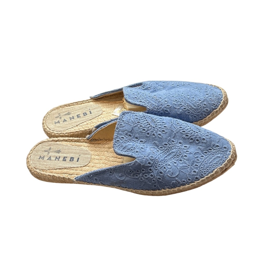 MANEBI‎ Womens Blue Eyelet Espadrille Mules Flats Size 39/9 Beachy Artisanal